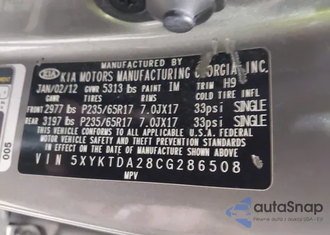 2012 Kia Sorento Lx V6 z USA, uszkodzony, nr VIN 5XYKTDA28CG286508